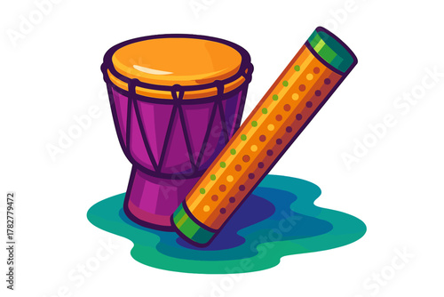 Brightly colored purple drum and patterned orange shaker percussion instruments