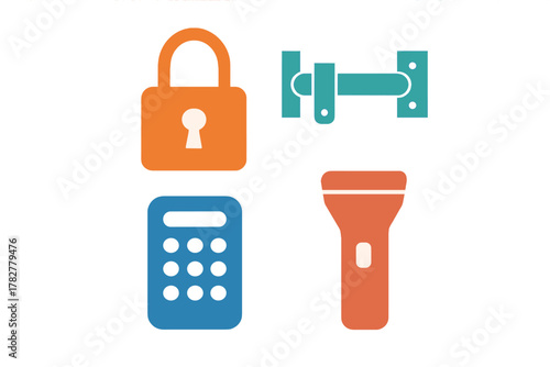 Essential security and utility devices including padlock, keypad, latch, and flashlight