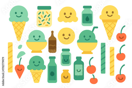 Cute cartoon ice cream cones and dessert toppings set with smiling faces