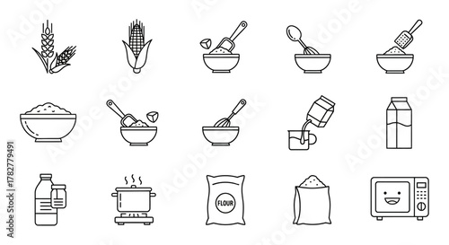 Collection of HandDrawn Icons Representing Baking and Cooking Ingredients and Processes. EPS Editable