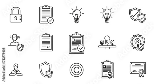 Collection of Icons Representing Intellectual Property and Security Concepts. EPS Editable
