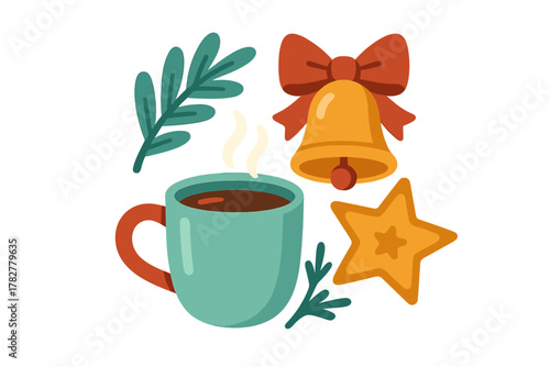 Cozy winter composition with steaming mug, festive bell, star cookie, and green branches