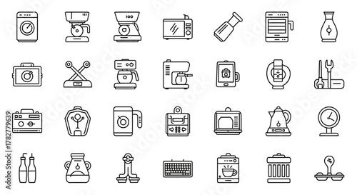 Collection of Line Art Icons Representing Kitchen Appliances and Utensils. EPS Editable