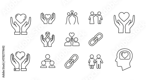 Collection of Line Art Icons Depicting Love Relationships and Community. EPS Editable