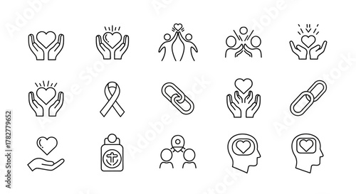 Collection of Line Icons Representing Charity Support and Community. EPS Editable
