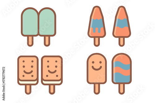 Colorful frozen desserts set including popsicles, ice cream bars, sweet treats, and novelty snacks on sticks
