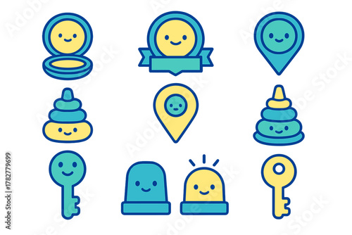 Cute smiling icons set featuring makeup compact, location pins, keys, badge, and stacking toy