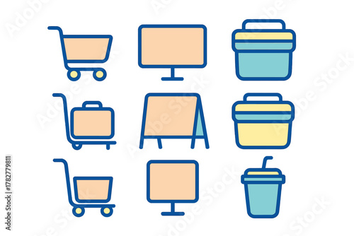 Outline icons featuring shopping carts, digital screens, display signs, and storage containers