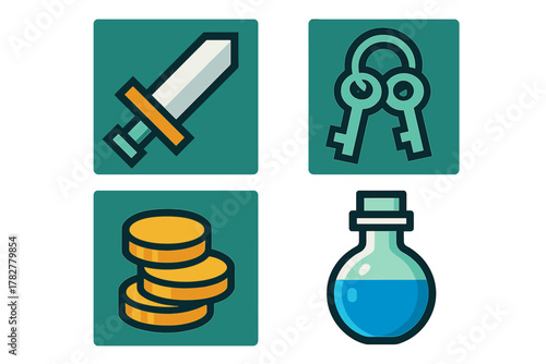 Fantasy game assets collection with sword, keys, gold coins, and magic potion