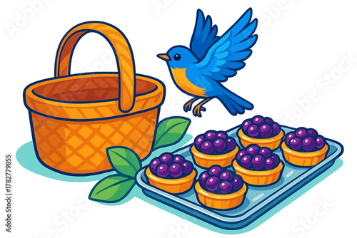 Bright blue bird hovering over an orange picnic basket and sweet berry tarts