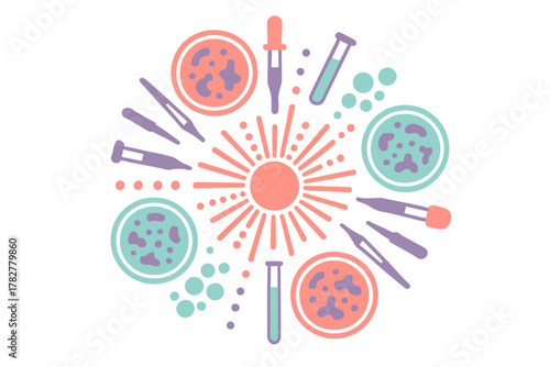 Stylized scientific laboratory equipment surrounding abstract energy burst