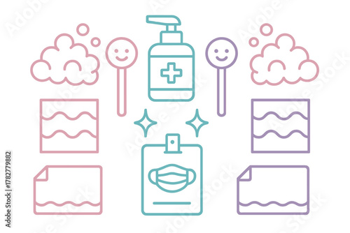 Set of colorful gradient line icons illustrating health protocols, hygiene, and personal safety measures