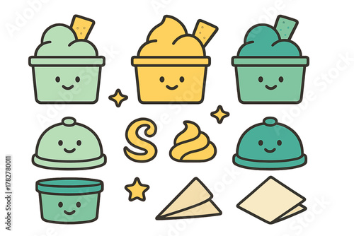 Cute cartoon icons set of frozen yogurt or ice cream cups with smiling faces and toppings