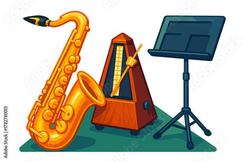 Classic musical instruments setup featuring a golden saxophone, metronome, and sheet music stand