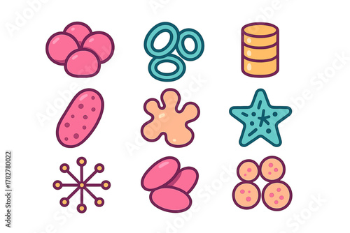 Abstract scientific symbols featuring cells, bacteria, starfish, and data storage concepts