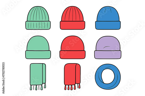 Colorful collection of winter hats and scarves set on a white background
