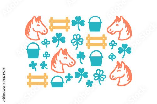 Stylized seamless pattern featuring horse heads, farm fences, buckets, and lucky clover leaves