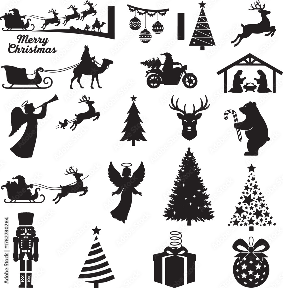 Naklejka premium Premium Mega Christmas Silhouette Vector Bundle - Nativity, Santa, Trees, & Nutcracker