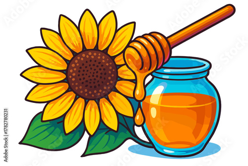 Yellow sunflower beside a glass jar of golden honey with a wooden dipper dripping sweetness