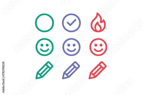 Minimalist set of nine colorful outline icons for user interface and web application design
