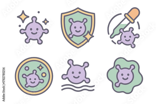 Cute germ character representing hygiene, cleaning, protection, and laboratory testing