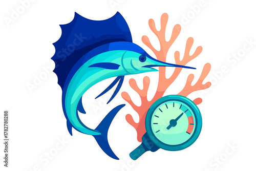 Powerful blue marlin fish swimming near branching coral and scuba diving pressure gauge