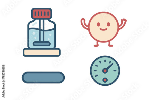 Science and biotechnology symbols set with chemical mixer, happy microbe, and measurement gauge