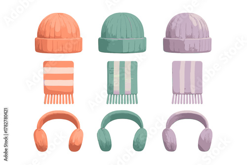 Colorful pastel winter accessories collection including knit caps scarves and earmuffs