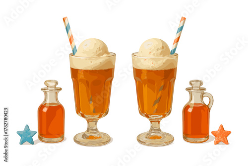 Classic root beer floats topped with vanilla ice cream and striped straws on white background