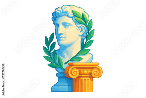 Classical marble bust of a male figure wearing a laurel wreath next to a golden Ionic column capital