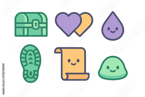 Cute fantasy game icons set featuring treasure chest hearts scroll footprint and slime blob
