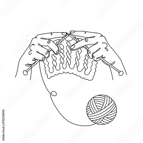 Knitting hands working with yarn and needles in minimalist design  