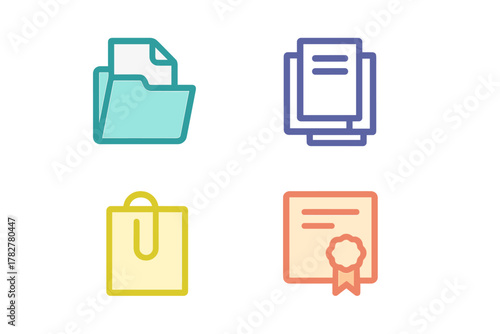 Colorful set of business administration symbols including folder, documents, attachment, and diploma