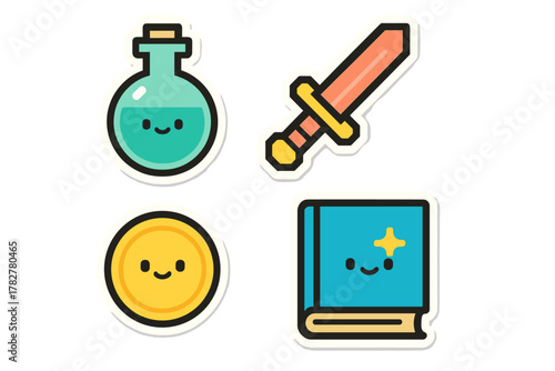 Cute cartoon set of magic potion, sword, gold coin, and spellbook for fantasy role-playing games