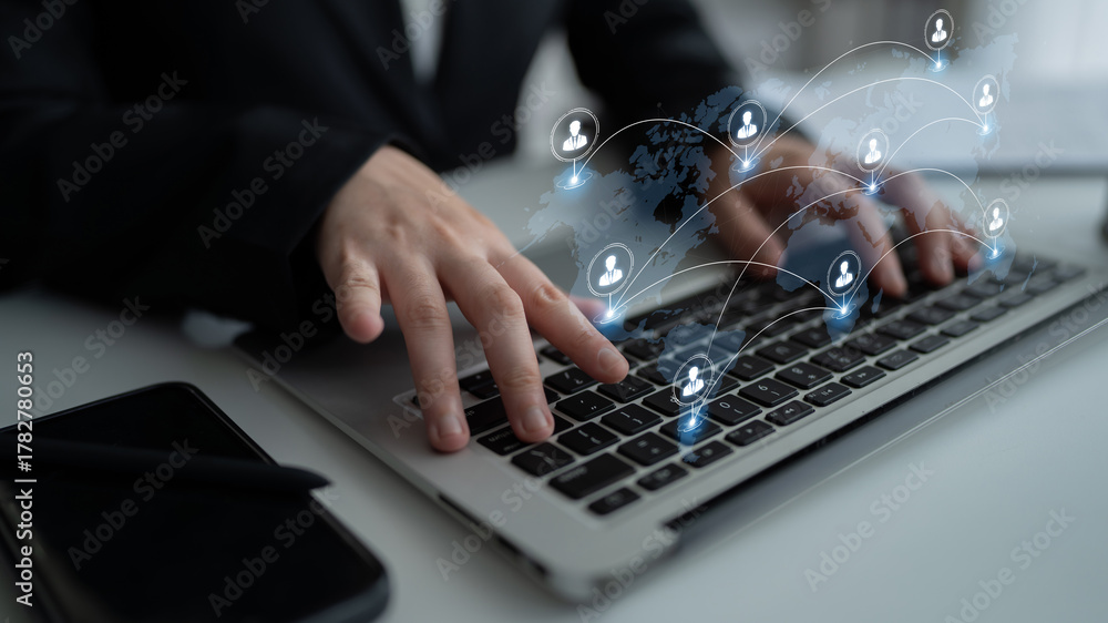 Fototapeta premium Concept of a global workforce and remote team collaboration. This international network represents professional human resources and social community connections across the world. Fermion