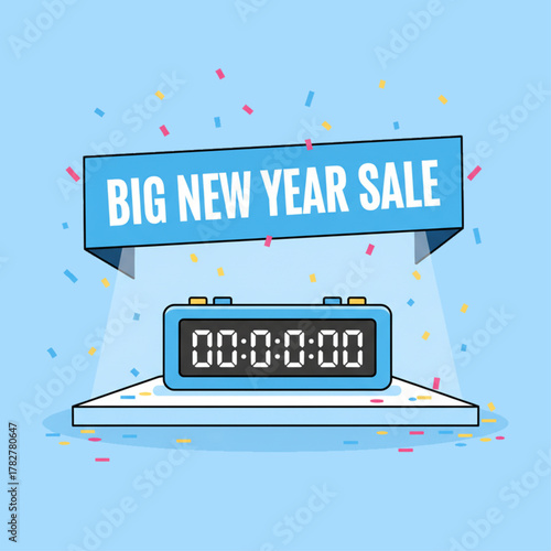 New Year Countdown Stage with Bright Clock and Confetti Falling Around Sale Banner in Flat Vector Illustration with Solid Background
