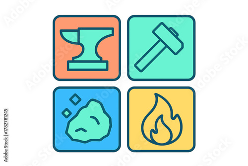 Anvil, hammer, raw ore, and flame symbols representing blacksmithing and metal forging