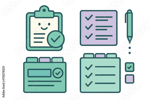 Business productivity icons set with clipboard, checklist, pen, and document folders