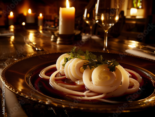 Wallpaper Mural Romantic Dining Scene Featuring a Beautifully Presented Plate of Calamari Rings Garnished With Fresh Parsley on a Silver-Rimmed Dish Torontodigital.ca