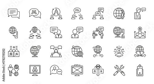 Collection of various communication and global network icons in outline style. EPS Editable