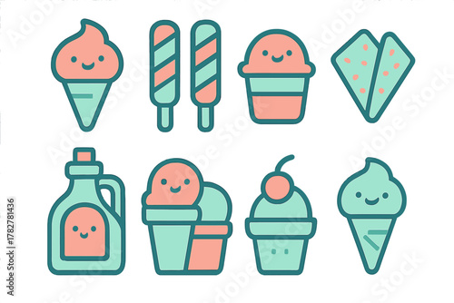 Cute frozen dessert treats including ice cream cones popsicles sundaes and syrup