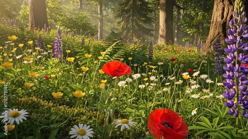 Enchanting Forest Meadow Bursting with Wildflowers and Sunlight.