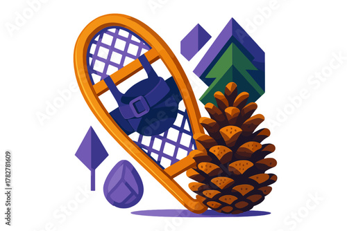 Classic snowshoe and giant pine cone surrounded by abstract geometric shapes representing winter nature