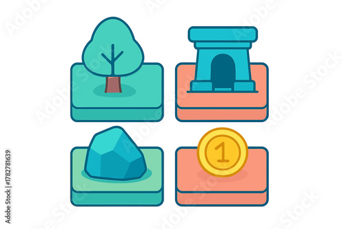 Stylized icons for video games showing nature elements, ancient structure, and reward coin