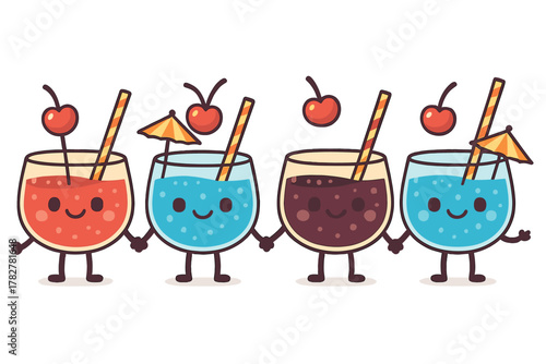 Four colorful anthropomorphic beverages holding hands with straws and cherries