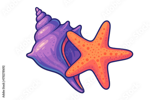 Vibrant purple conch shell and bright orange starfish isolated on white background