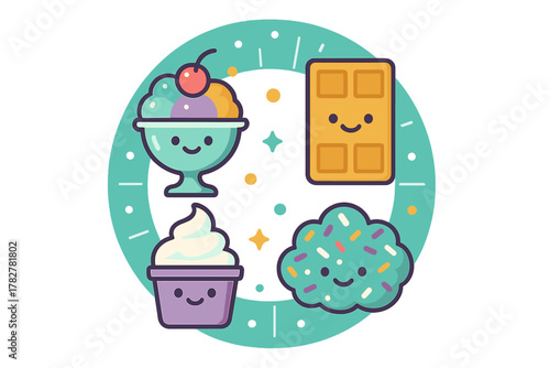 Kawaii sweet treats collection featuring ice cream sundae, waffle, whipped topping, and candy cloud