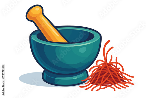 Traditional mortar and pestle grinding tool next to a pile of saffron spice threads
