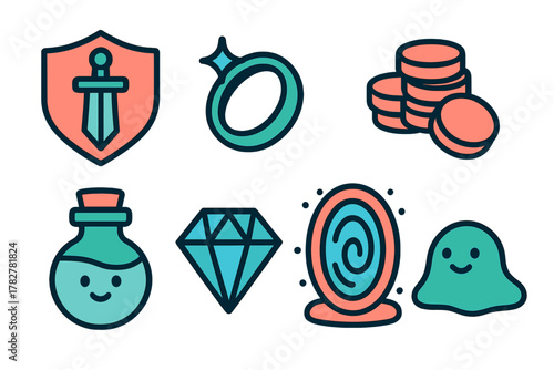 Set of colorful fantasy game icons including shield, sword, diamond, coins, potion, and magic mirror