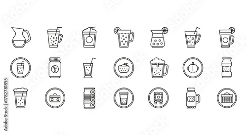 Collection of Various Drink Icons in Outlined Style for Design. EPS Editable